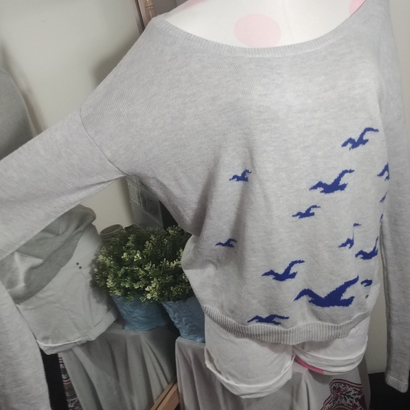 Hollister | Gray Navy Bird Knit Off The Shoulder Dolman Sweater Small - Picture 2 of 8